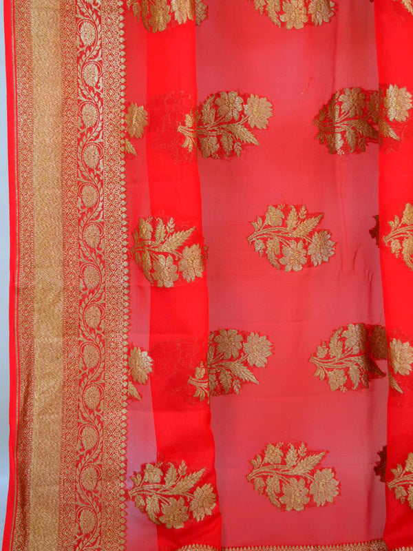 Banarasee Khaddi Chiffon Silk Sari With Antique Zari Design-Crimson Red