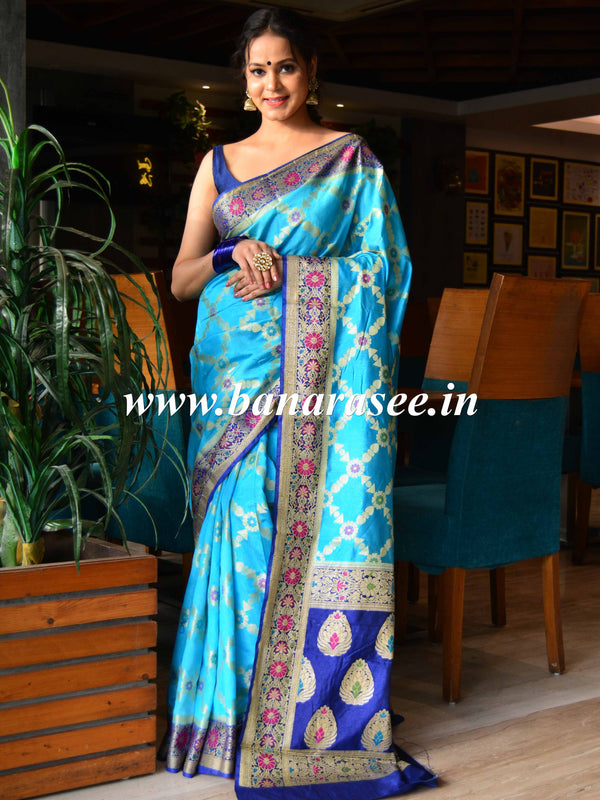 Banarasee Handwoven Semi-Chiffon Saree With Silver Zari & Meena Jaal-Blue