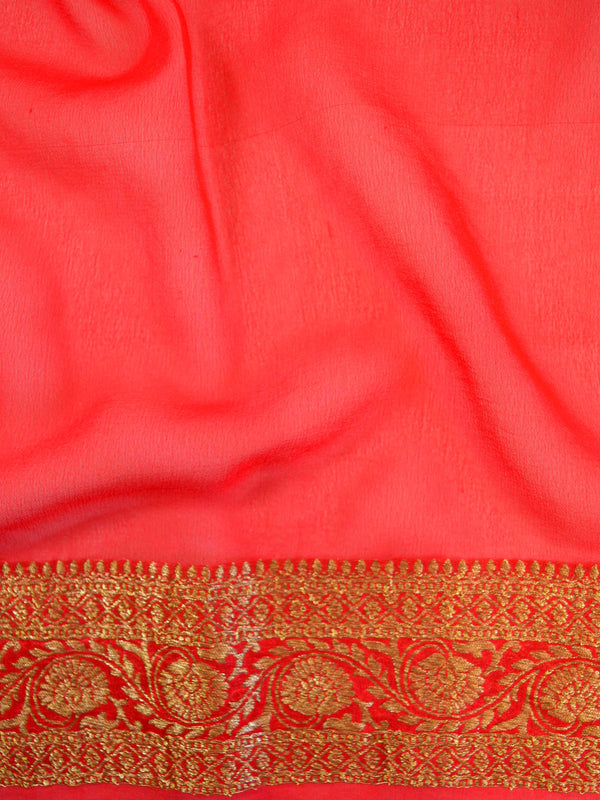 Banarasee Khaddi Chiffon Silk Sari With Antique Zari Design-Crimson Red