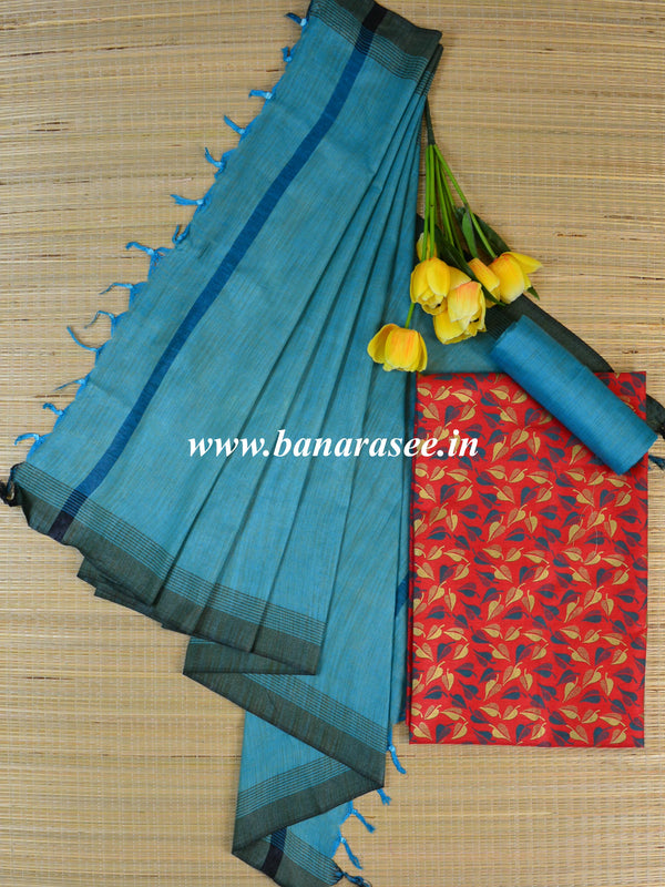 Handloom Block Printed Khadi Cotton Salwar Kameez Dupatta Set-Red & Blue