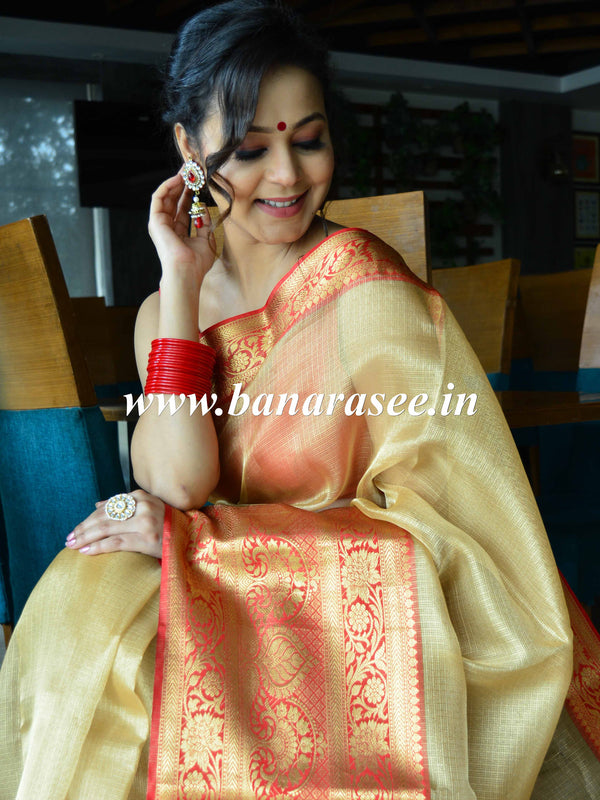 Banarasee Handwoven Broad Contrast Border Tissue Saree-Gold & Red