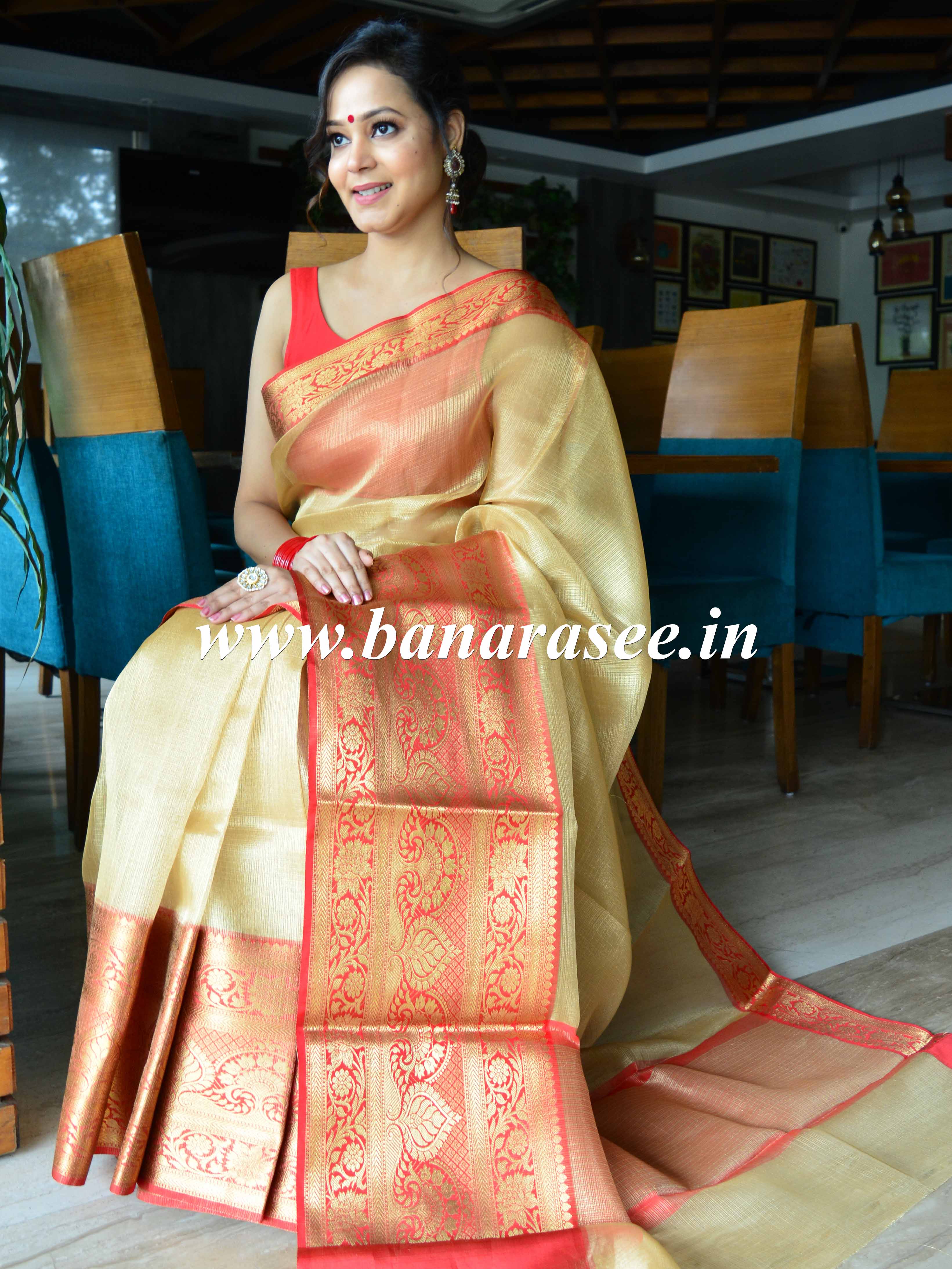 Banarasee Handwoven Broad Contrast Border Tissue Saree-Gold & Red