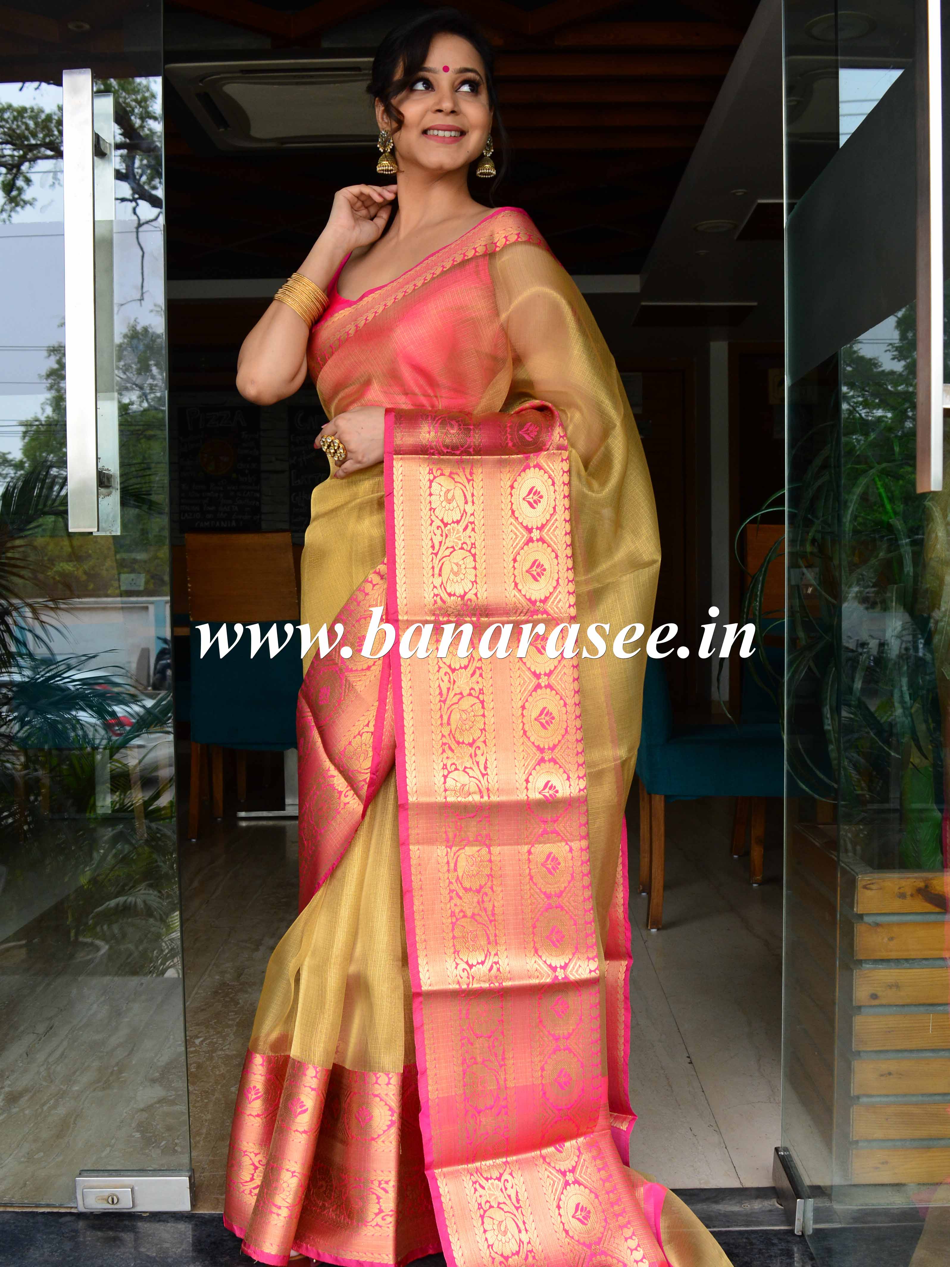 Banarasee Handwoven Broad Contrast Border Tissue Saree-Gold & Pink