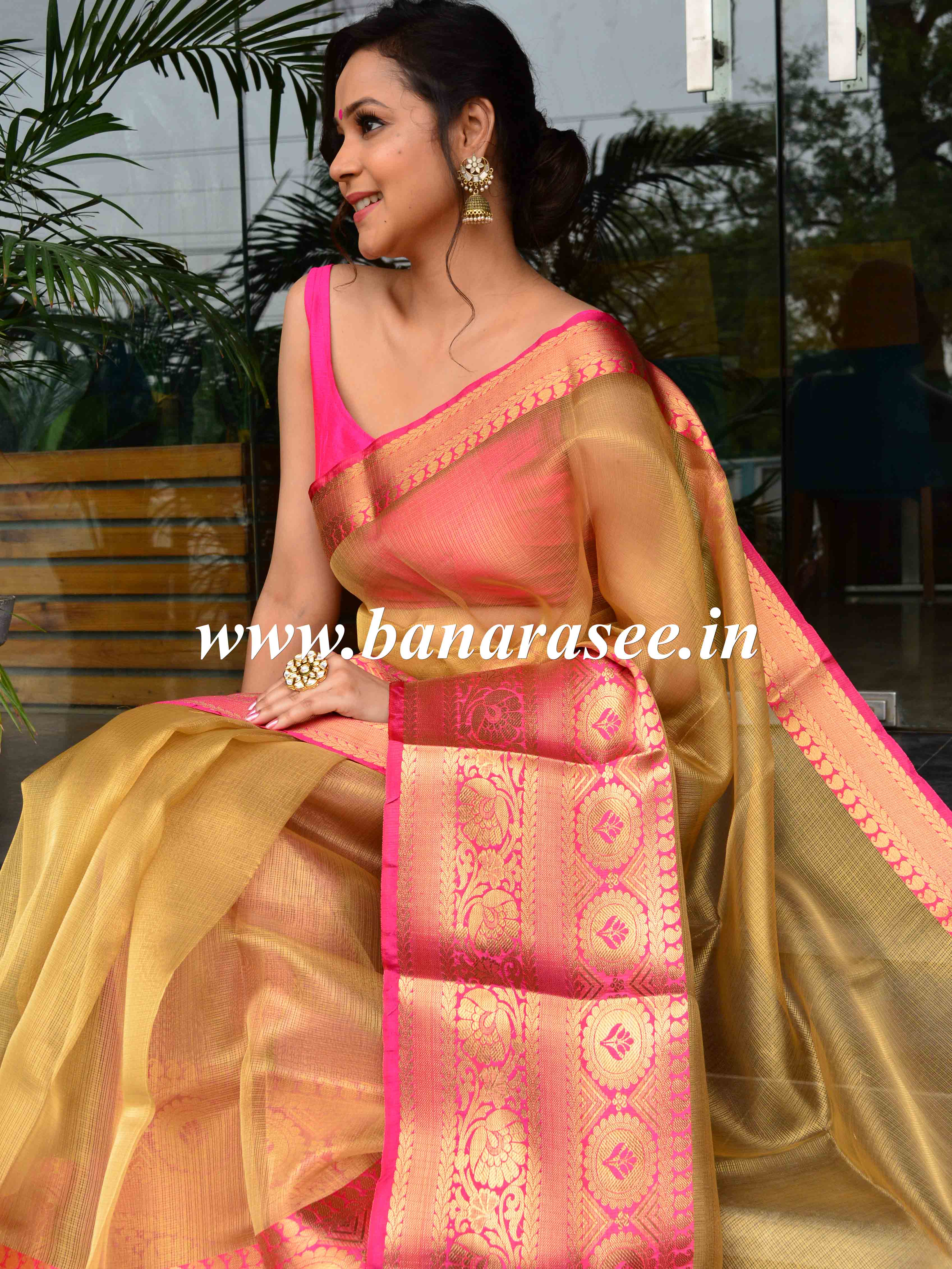 Banarasee Handwoven Broad Contrast Border Tissue Saree-Gold & Pink