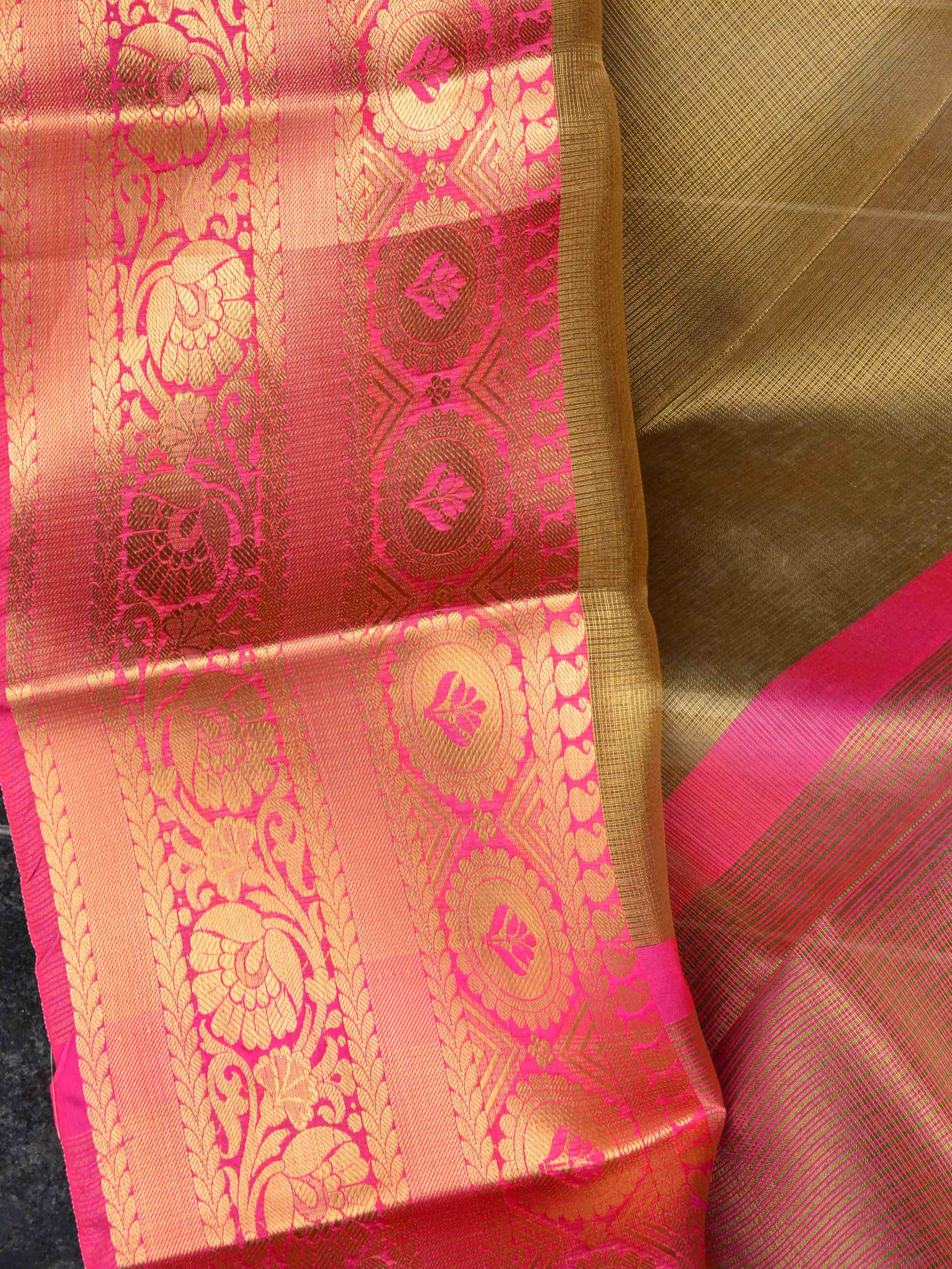 Banarasee Handwoven Broad Contrast Border Tissue Saree-Gold & Pink