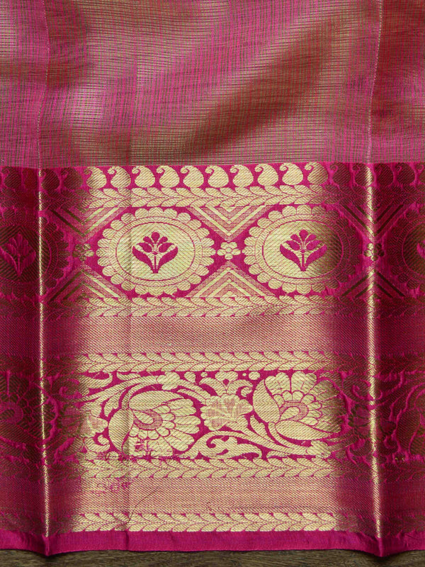 Banarasee Handwoven Broad Contrast Border Tissue Saree-Gold & Pink