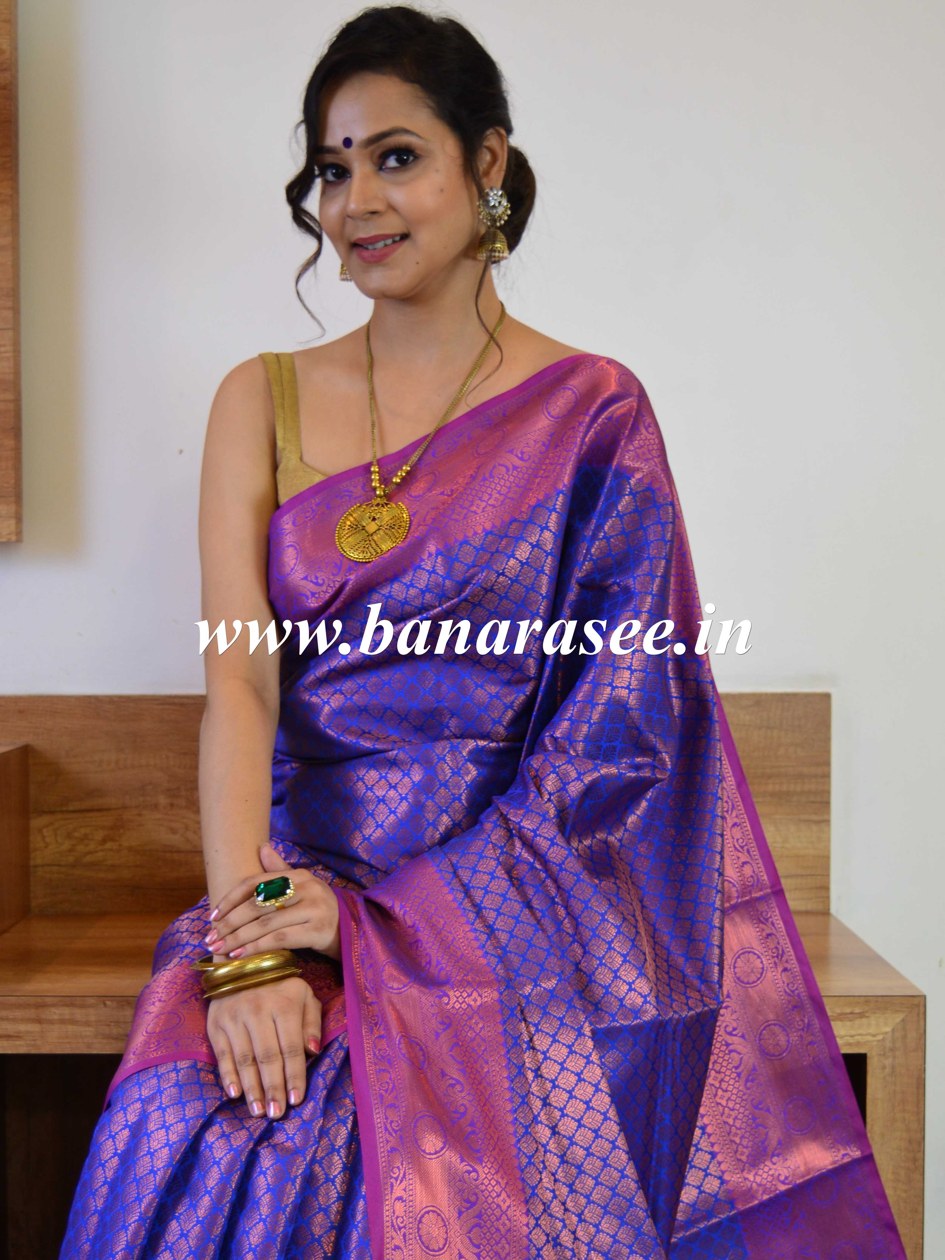 Banarasee Handwoven Semi Silk Saree With Tanchoi & Zari Border Design-Blue