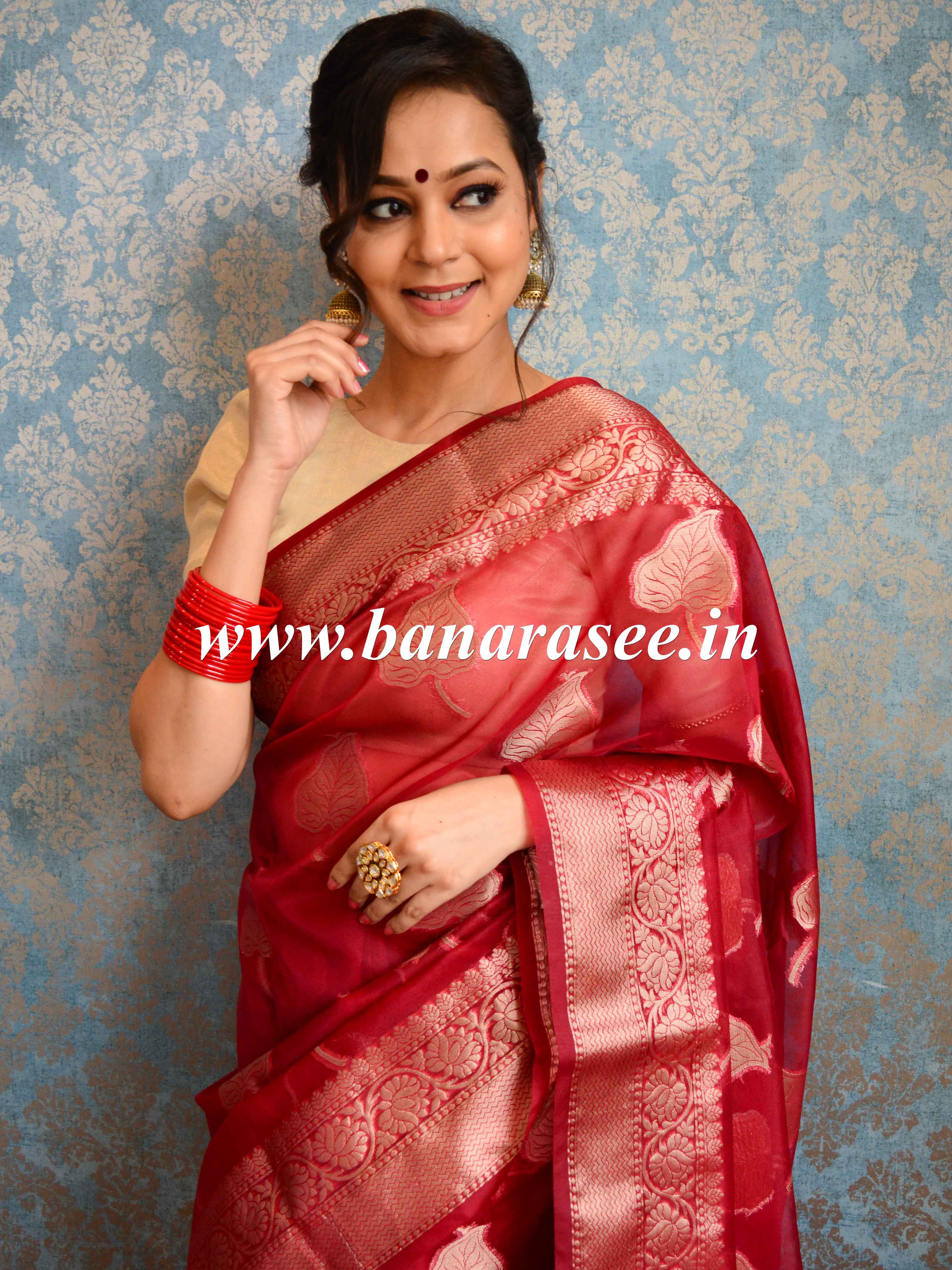 Banarasee Organza Mix Saree With Silver Zari Leaf Buta-Maroon