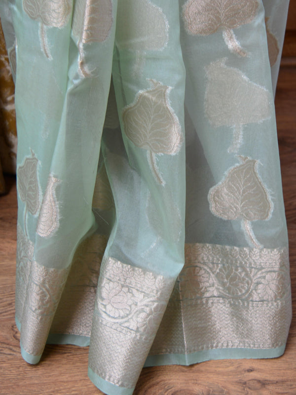 Banarasee Organza Mix Saree With Silver Zari Leaf Buta-Sea Green