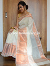 Banarasee Cotton Silk Plain Body Saree With Copper Zari Border-White