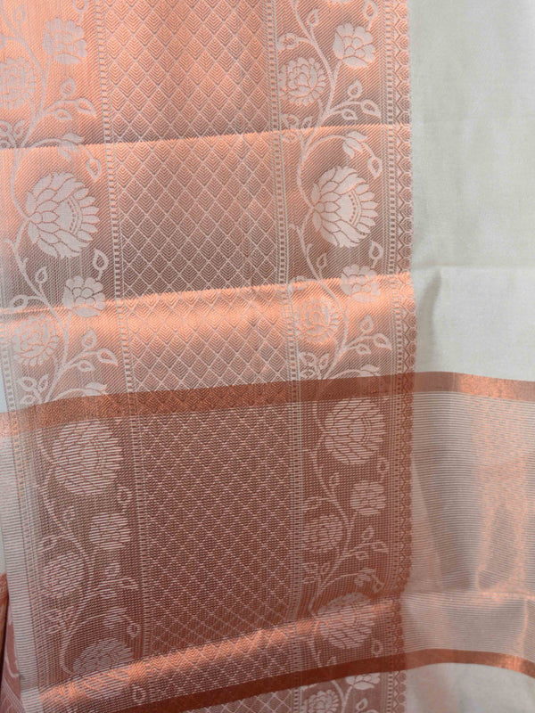Banarasee Cotton Silk Plain Body Saree With Copper Zari Border-White