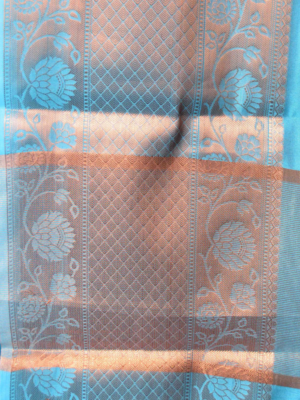 Banarasee Cotton Silk Plain Body Saree With Copper Zari Border-Blue
