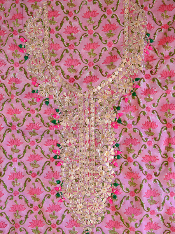 Pure Handloom Mul Cotton Sanganeri Block Printed Gotapatti Suit Set-Pink