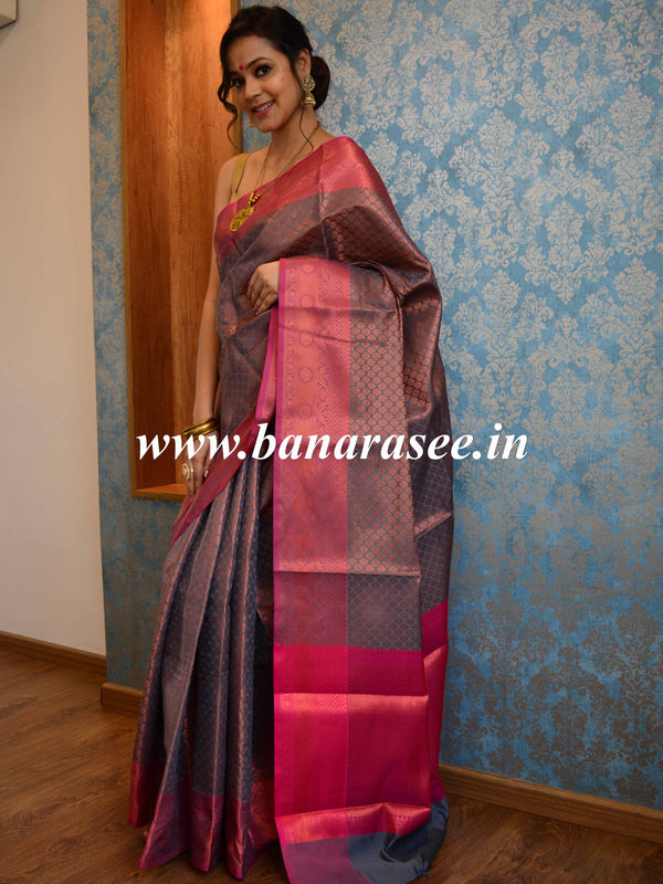 Banarasee Handwoven Semi Silk Saree With Tanchoi & Zari Border Design-Grey