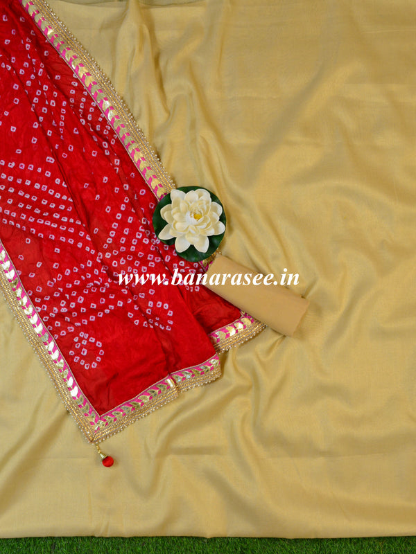 Banarasee Tissue Salwar Kameez Fabric With Contrast Bandhej Dupatta-Gold & Red