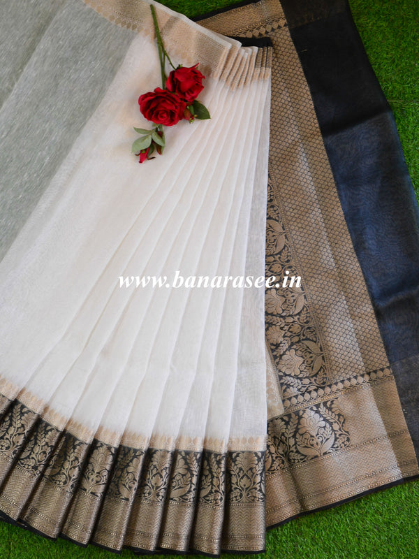 Banarasee Handloom Pure Linen Cotton Gold Zari Saree-White & Black