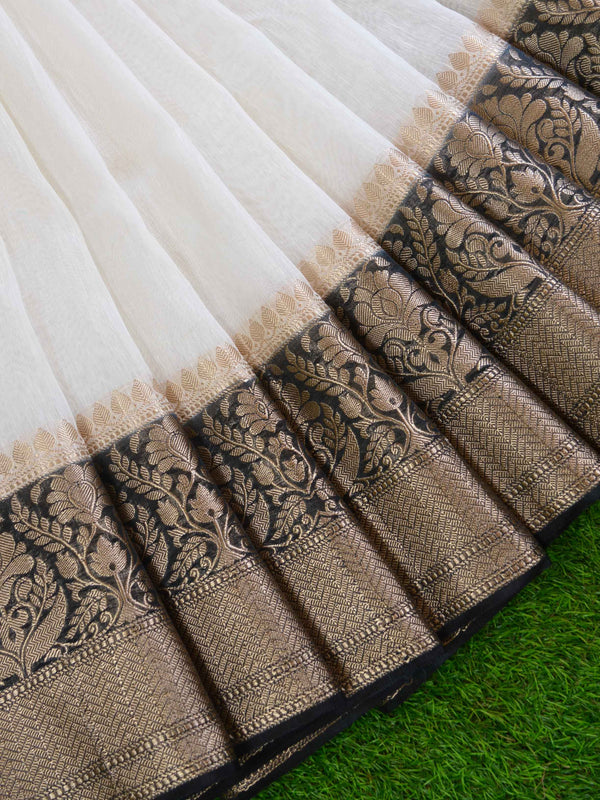 Banarasee Handloom Pure Linen Cotton Gold Zari Saree-White & Black