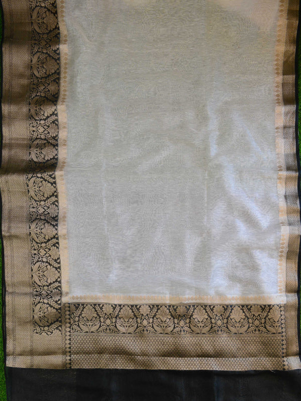 Banarasee Handloom Pure Linen Cotton Gold Zari Saree-White & Black