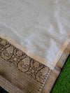 Banarasee Handloom Pure Linen Cotton Gold Zari Saree-White & Black
