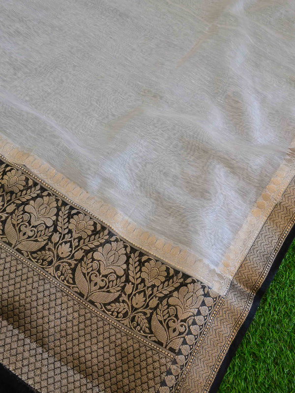 Banarasee Handloom Pure Linen Cotton Gold Zari Saree-White & Black