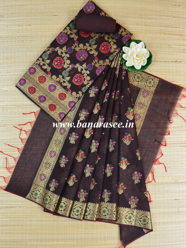 Banarasee Chanderi Cotton Salwar Kameez Fabric With Dupatta-Brown