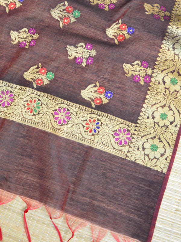 Banarasee Chanderi Cotton Salwar Kameez Fabric With Dupatta-Brown