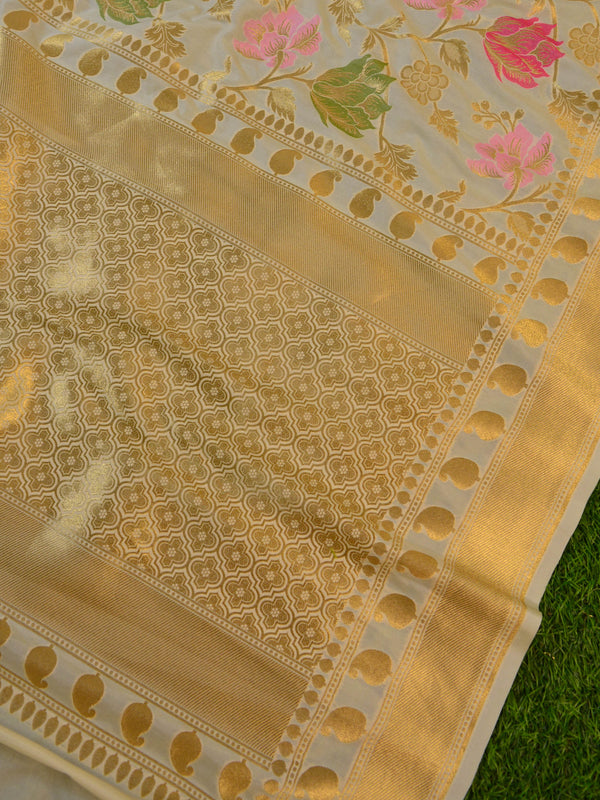 Banarasee Pure Silk Saree With Floral Jaal-Ivory White