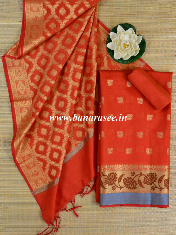 Banarasee Chanderi Cotton Salwar Kameez Fabric With Jaal Dupatta-Orange