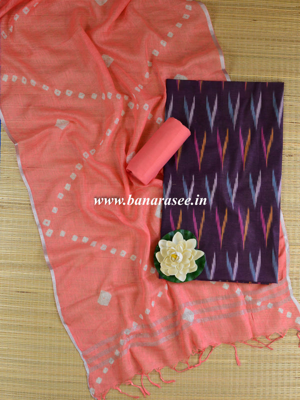 Bhagalpuri Ikkat Kameez With Shibori Dyed Linen Dupatta & Bottom-Purple & Peach