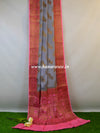 Banarasee Pure Chiffon Saree With Antique Gold Zari Buta & Pink Border-Grey