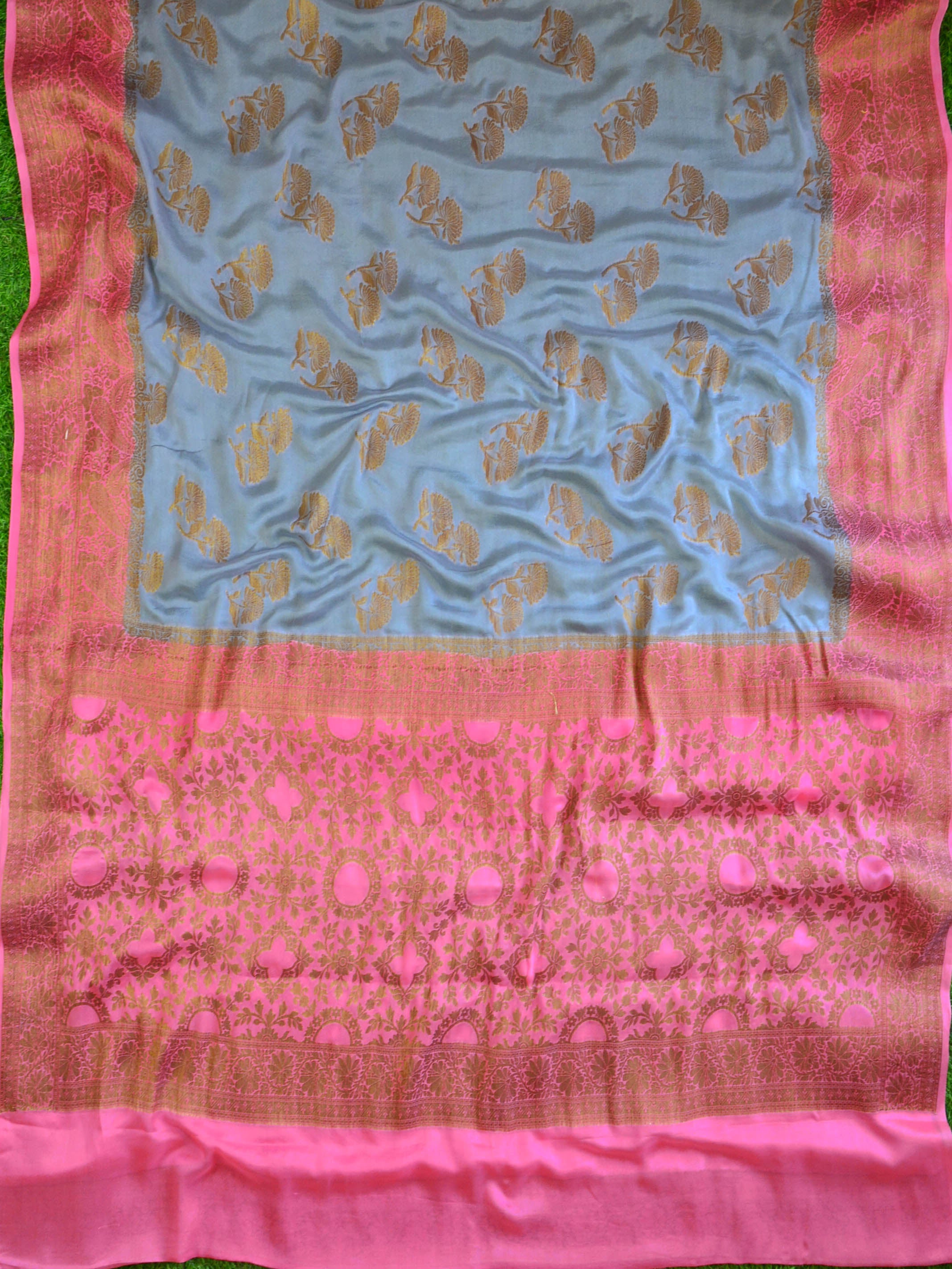 Banarasee Pure Chiffon Saree With Antique Gold Zari Buta & Pink Border-Grey