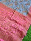 Banarasee Pure Chiffon Saree With Antique Gold Zari Buta & Pink Border-Grey