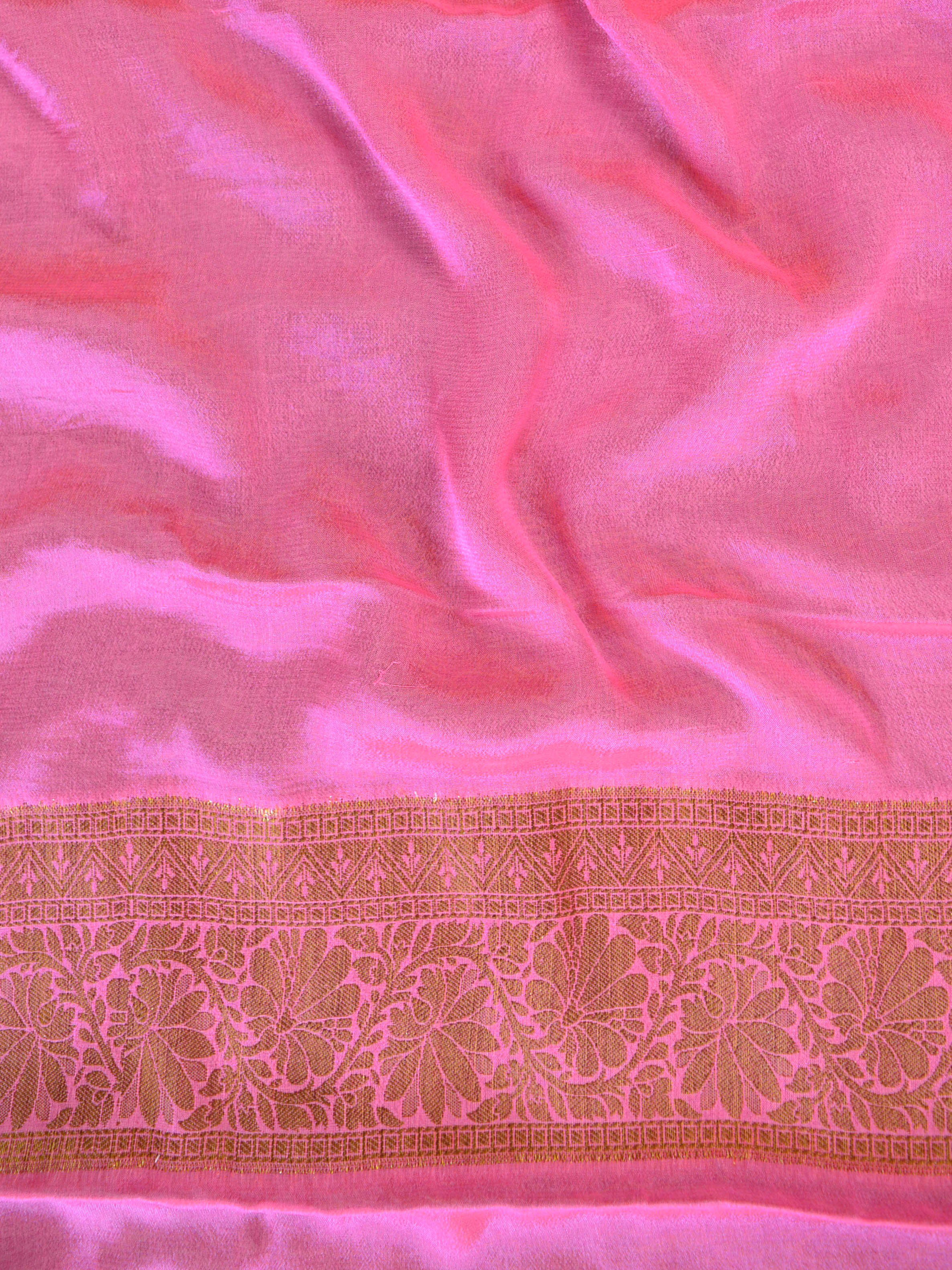 Banarasee Pure Chiffon Saree With Antique Gold Zari Buta & Pink Border-Grey