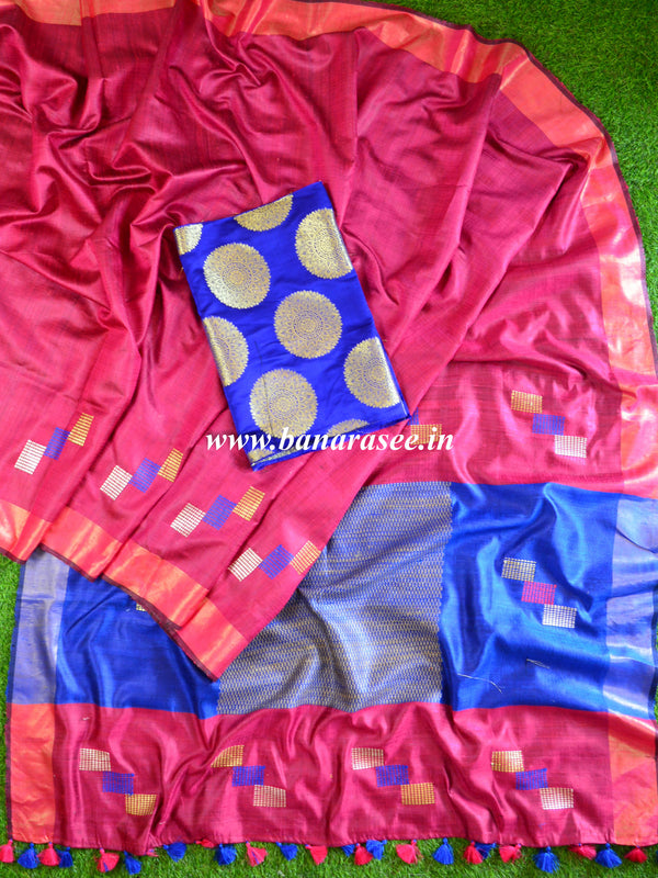 Bhagalpur Handloom Raw Silk Sari With Contrast Banarasee Blouse-Blue & Pink
