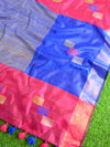 Bhagalpur Handloom Raw Silk Sari With Contrast Banarasee Blouse-Blue & Pink