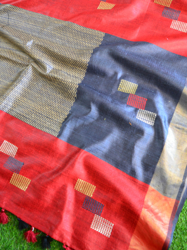 Bhagalpur Handloom Raw Silk Sari With Contrast Banarasee Blouse-Red