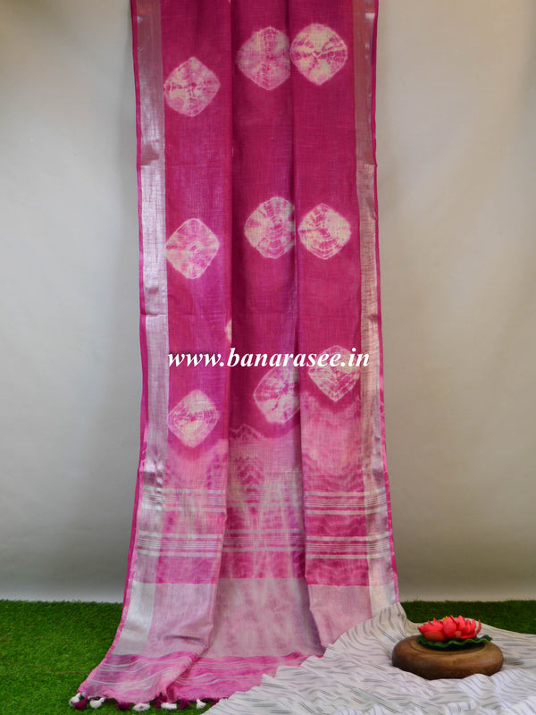 Bhagalpur Handloom Pure Linen Cotton Hand-Dyed Shibori Pattern Saree & Ikkat Blouse-Magenta