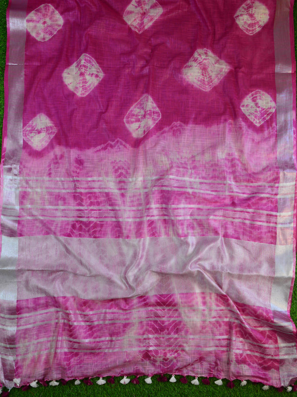 Bhagalpur Handloom Pure Linen Cotton Hand-Dyed Shibori Pattern Saree & Ikkat Blouse-Magenta