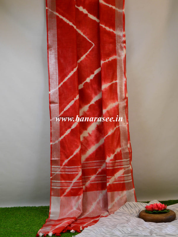 Bhagalpur Handloom Pure Linen Cotton Hand-Dyed Leheriya Pattern Saree & Ikkat Blouse-Red