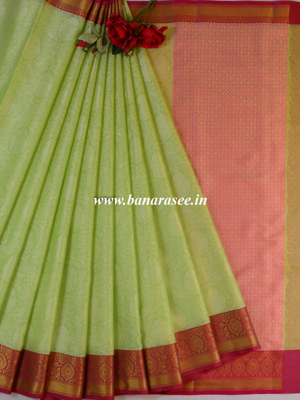 Banarasee Kora Muslin Saree With Contrast Red Border-Pastel Green