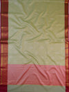 Banarasee Kora Muslin Saree With Contrast Red Border-Pastel Green