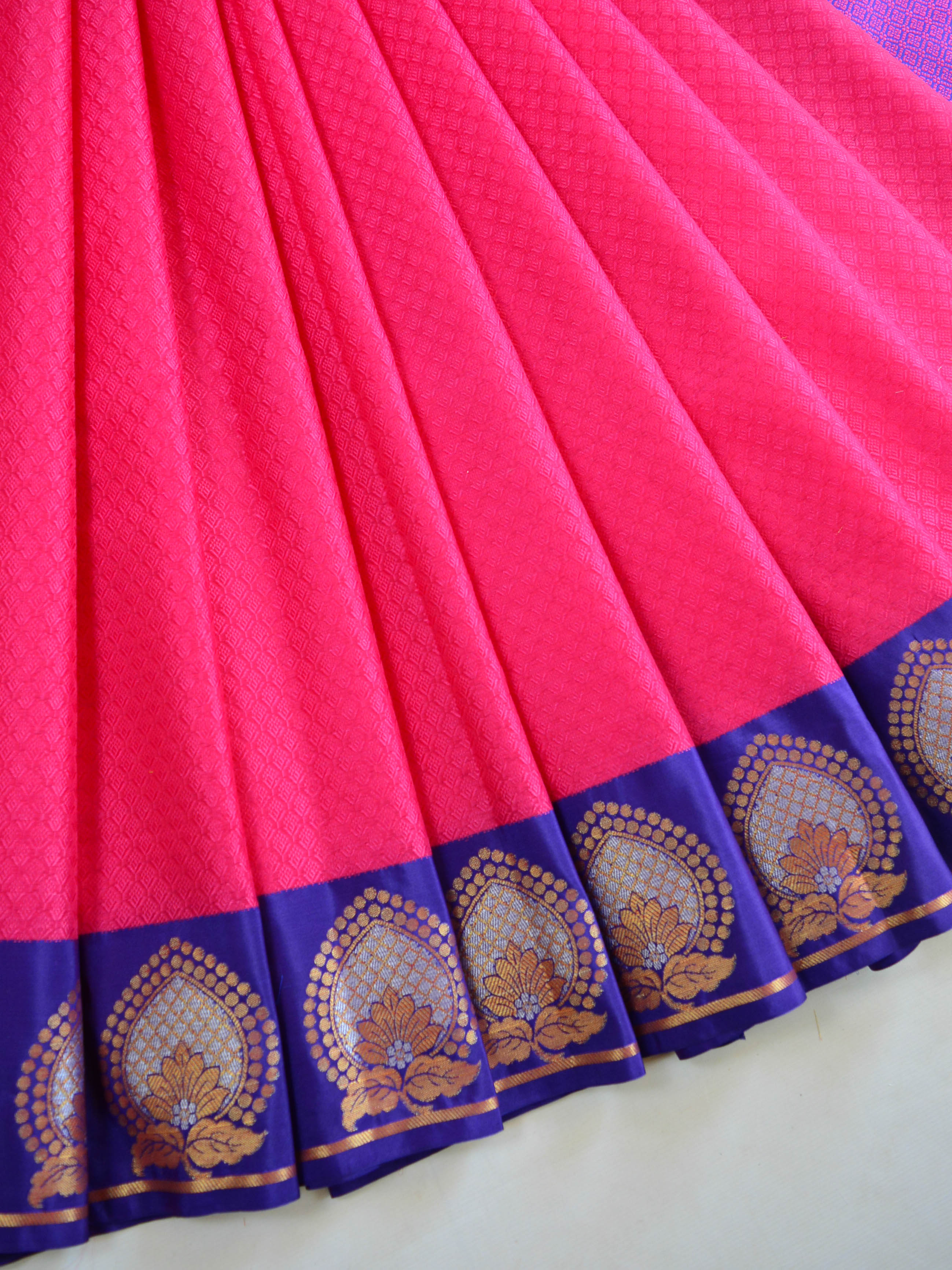 Banarasee Kora Muslin Saree With Contrast Blue Border-Magenta