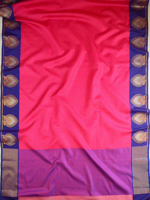 Banarasee Kora Muslin Saree With Contrast Blue Border-Magenta