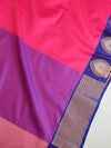 Banarasee Kora Muslin Saree With Contrast Blue Border-Magenta