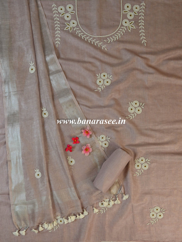 Handwoven Linen Salwar Kameez & Dupatta With Hand-Embroidered Pearl Work-Blush Pink