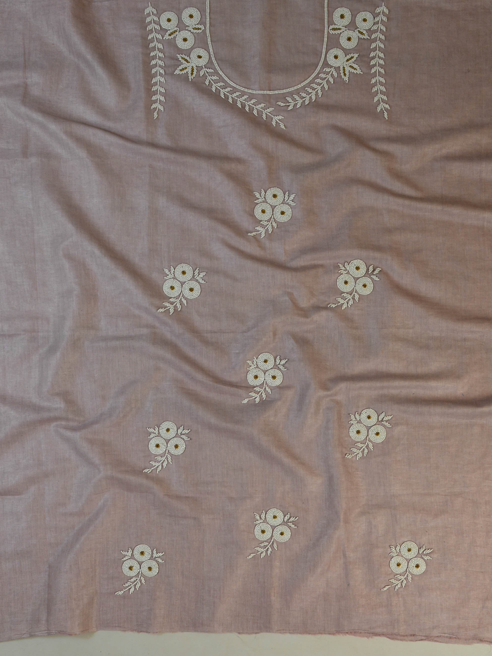 Handwoven Linen Salwar Kameez & Dupatta With Hand-Embroidered Pearl Work-Blush Pink