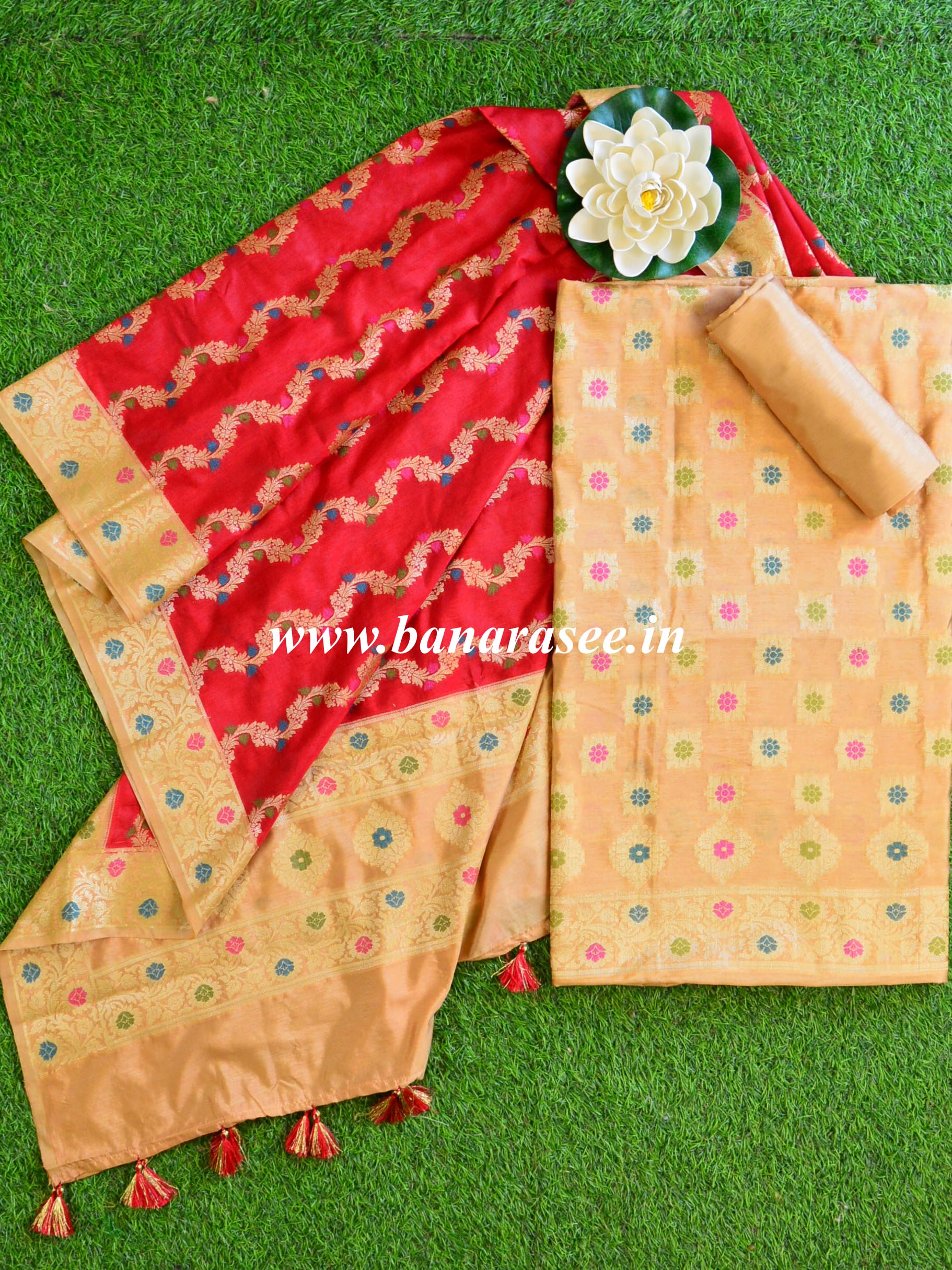 Banarasee Salwar Kameez Glossy Semi Silk Fabric-Beige & Red