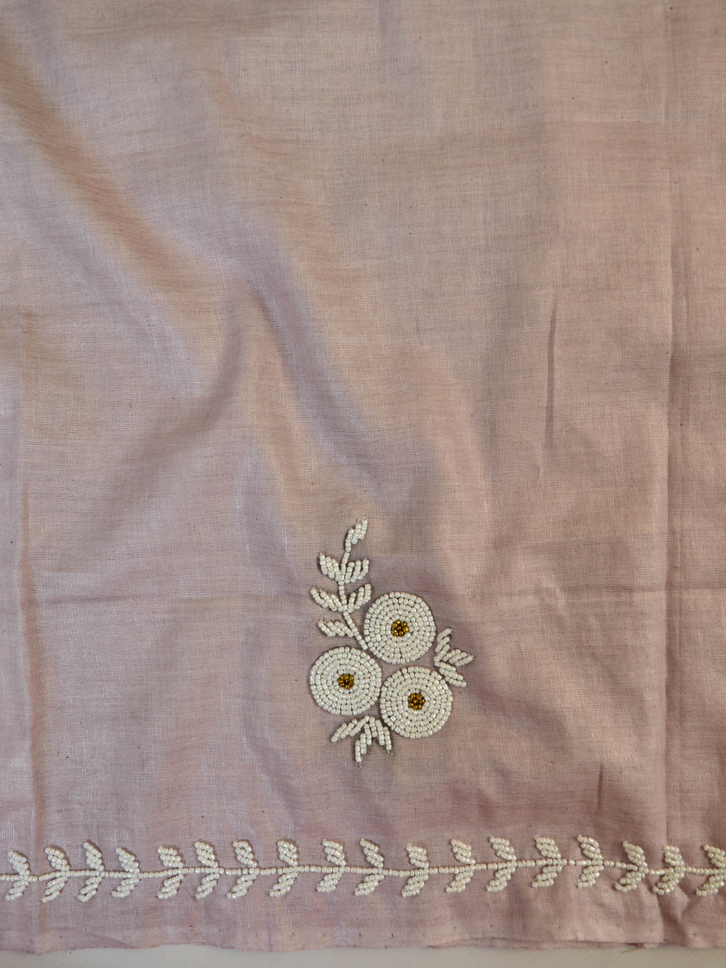 Handwoven Linen Salwar Kameez & Dupatta With Hand-Embroidered Pearl Work-Blush Pink
