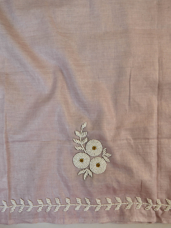 Handwoven Linen Salwar Kameez & Dupatta With Hand-Embroidered Pearl Work-Blush Pink