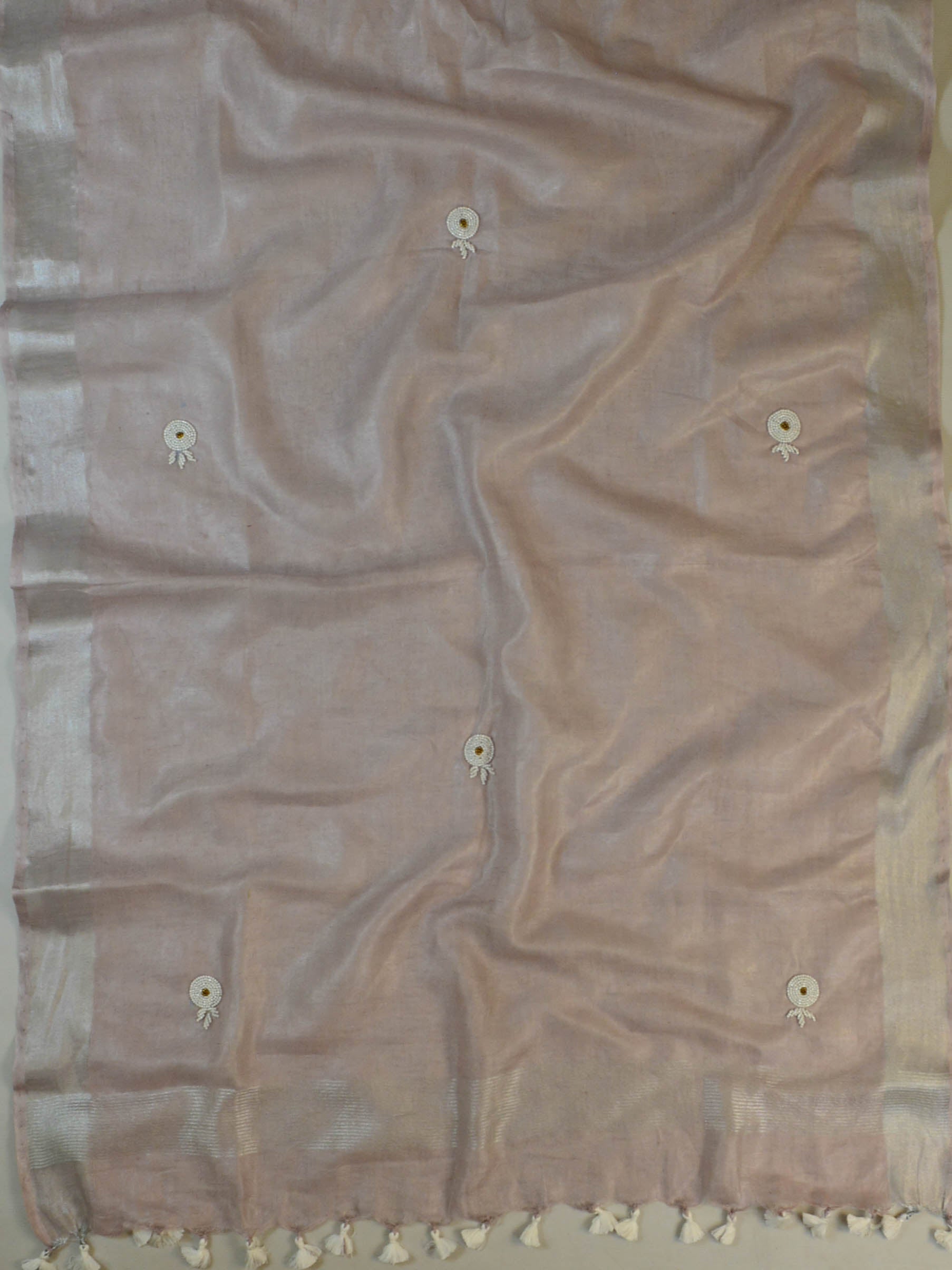 Handwoven Linen Salwar Kameez & Dupatta With Hand-Embroidered Pearl Work-Blush Pink